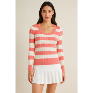 Y2K US Polo Assn Womens Sweater M Pink Striped V Neck Cable Knit Preppy 90s